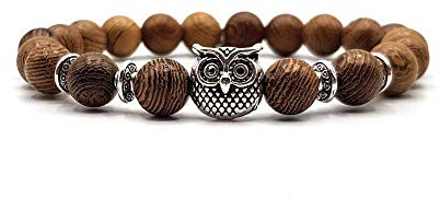 KARDINAL WEIST Eulen Holz Perlen Armband, Yoga Natur Schmuck für Damen und Herren, Kraftier - Harmonie - Ruhe - Energie - Anti Stress