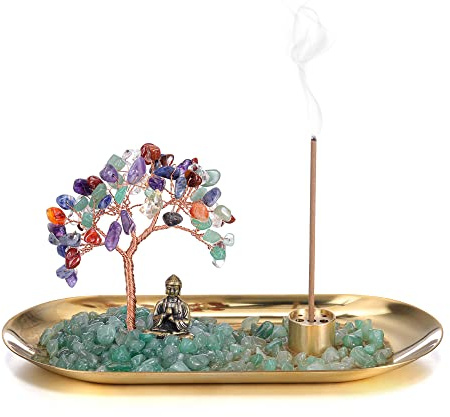 JSDDE 7 Chakra Edekstein Lebensbaum Deko mit 9 Loch Räucherstäbchen Halter Feng Shui Baum aus Heilstein Geldbaum Glücksbringer Zimmer Tisch Büro Dekoration