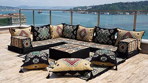 10,2 cm dicke L-förmige Bodencouch, arabische Sofas, Bodenkissen, Sofagarnitur, Terrassenmöbel, arabische Majlis (L Sofa + Teppich + Ottomane, 8'' Dicke Sofa (20cm))