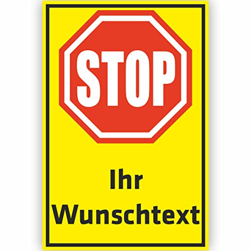 INDIGOS UG - WUNSCHTEXT Schild - 20x15cm gelb - AluDibond STOP - HALT - personalisiert Text - Straßenschild - Namensschild - Hausnummer - Garage, Hotel, Parkplatz, Schule, Carport, Firma individuell