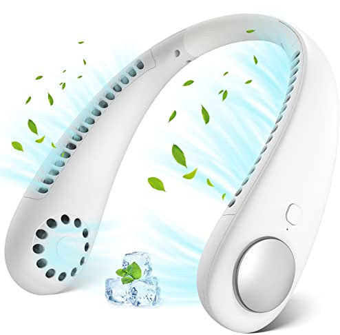 Neck Fan, Portable Hanging Bladeless Mini Fan with 360° Airflow, 3-Speed Hands-Free Personal Fan Rechargeable Wearable Cooling Quiet Fans for Office Travel Sports, White