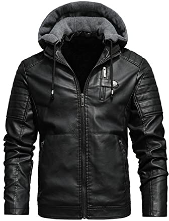 Alloaone Läderjackor för män fleece luvor PU jacka motorcykel biker rockar hatt avtagbara varma toppar, svart, XL