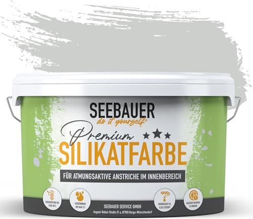 SEEBAUER diy Silikatfarbe Hellgrau 2,5L für Innen (No. 222 Grey Stone) Atmungsaktive Mineralfarbe für Allergiker - Abwaschbare Wandfarbe - Grautöne hohe Deckkraft