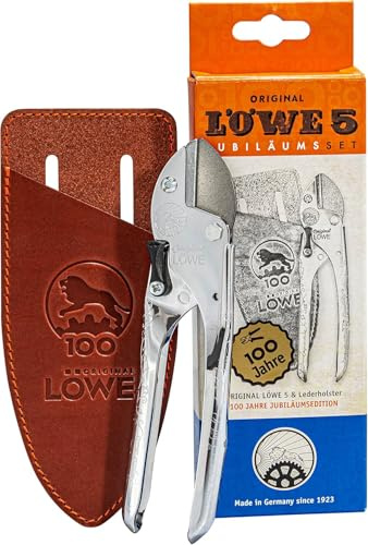 Original LÖWE 5, 100-Year Anniversary Edition - Professional Anvil Pruning Shears 5.100 Made of Metal with Stainless, Non-Stick Coated Steel Blade and Handcrafted Leather Holster