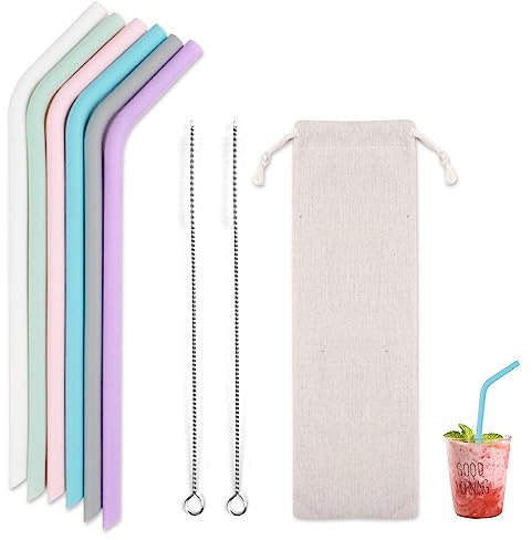 6 Pezzi Cannucce Silicone Riutilizzabili, 2 Pezzi Scovolino per Bottiglie con Sacchetto, Cannucce Pieghevoli per Frullati Succo di Caffè Al Latte Magro