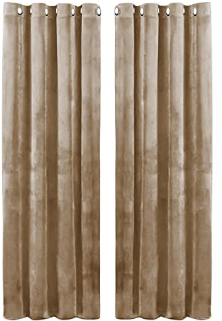 Hafaa Beige Blackout Curtains for Bedroom – Crushed Velvet Curtains 90x90 for Living Room – Eyelet Room Darkening Curtains with 2 Tie Backs – (228cm x 228cm)