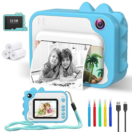 CHAKEYAKE Appareil Photo Enfant,Appareil Photo NuméRique Enfant avec Papier d'impression,2,4 1080P HD Jouet Appareil Photo instantané Aevc Carte TF 32 G,Cadeau pour Filles Garçons 3-12 Ans(Bleu)