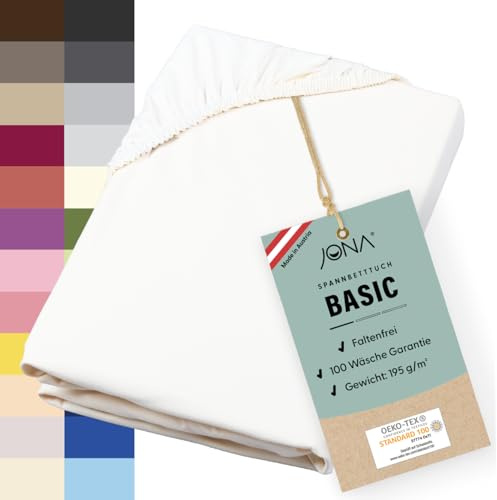 JONA SLEEP® Basic Spannbettlaken 90-100 x 200-220 cm - 190 g/m² faltenfreies Baumwoll-Jersey Leintuch, Made in Austria, Öko-Tex 100 Standard (Weiss)