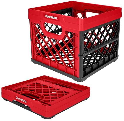 CleverMade Clevercrates Lot de 3 caisses pliables et empilables, 25 L, peut contenir 22,7 kg par caisse, en plastique robuste, pour usages multiples, rouge