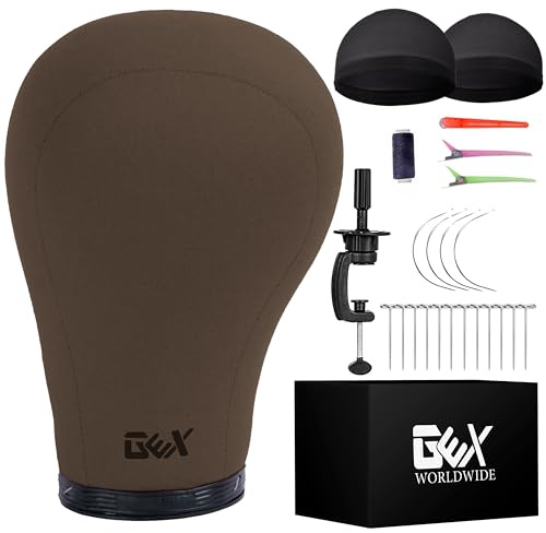 GEXWORLDWIDE GEX 20-24 Canvas Cork Wig Block Mannequin Head for Wig Making Drying Styling Display with Table C Clamp Stand Holder Dark Brown 21