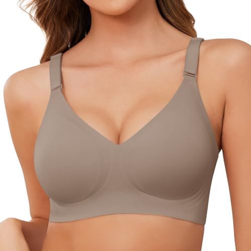 Xnova Womens Bras Seamless Full Coverage Ladies Non Wired Support V Neck Padded Comfort Sleeping Bra Soft T Shirt Bra Wireless Zero Feel Bralettes, Grey, M