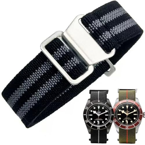 Nylon Elastisches Uhrenarmbänder,Militärisches,Parachute,Ersatz armband aus Stoff,mit Haken, Schnalle, Schwarz/Silber, für Herren und Damen, 10 Farben, 3 Größen 18/20/22 mm