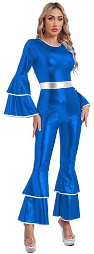 Msemis 70-tals discopatkostym för kvinnor, långärmad glänsande jumpsuit, overall, bodycon bell, flare, byxor, karnevaldräkt, kungsblå, S
