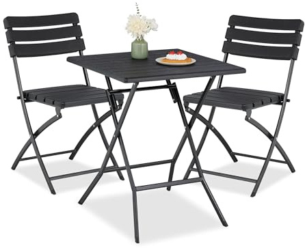 Relaxdays Juego Muebles de Balcón, Conjunto Mesa y 2 Sillas de Jardín, Plegable, Efecto Madera, Acero y Plástico, Negro