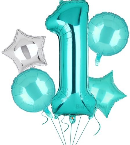5 Stück XXL Türkis Zahl 1 Luftballon Blaugrün Nummer 1 Folienballons Groß Zahlen Happy Birthday Ballon Geburtstags Deko 100cm