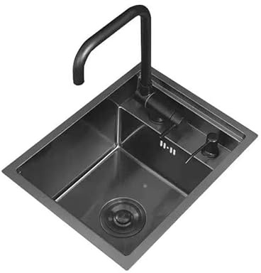 Single Bowl Black Hidden Sink in Kitchen Sink at Bar Domestic Commercial Sink with Cup Washer Lifting Faucet Space Saving,Single Bowl Sink With Cover Small Embedded Siphon Sink Stainless Steel Counter