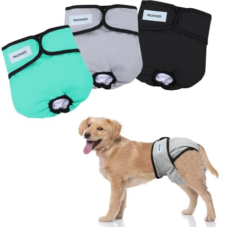 Prizmxed förpackning med tre återanvändbara hundbyxor vid löptid, löparbyxor för hundar superabsorberande, hundblöjor för hundar är för hundar (svart + grön + grå, L, bit, 3)