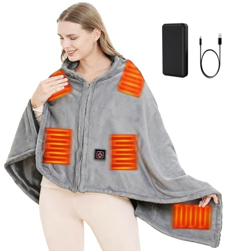 SNZ USB Heizdecke mit 20000mAh Akku, 150 x 80 cm Kabellos Heated Blanket, 3 Temperatursstufen, Flanell Einzelperson Electric Blanket Shawl, Wärmedecke für Büro Mittagspause, Outdoor-Reisen
