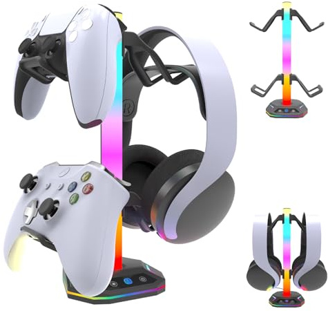 AriKroii RGB Kopfhörer Ständer, RGB Headset Halterung mit 10 Licht Modi, Controller Halter mit 2*USB 1*Typ-C Ports, PC Gaming Zubehör für Schreibtisch Geeignet für alle Headset Game Controller