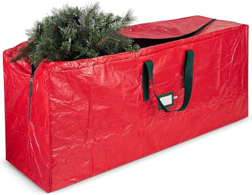 Christmas Tree Storage Bag 9 Foot Tree - Duty Waterproof Polyethylene Plastic, Strong, Durable Handles - Double Zipper & Labeling Card Slot - Red