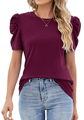 IECCP Shirt Damen Leicht Elegant Lässig Blusen & Tuniken für Kurzarm Bluse Schwarz Oberteile mit Kurzen ärmeln Locker Bügelfrei Weich Longshirt Fallend(Violett Rot,L)