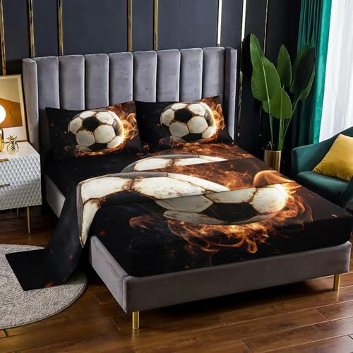XYNHML Soccer Print Sheet 4Pcs Twin Gaming Sport Flame Soccer Bedding Set for Kid Teen Girl Boy Adult Ball Sports Games White Black Football Bed Decor with 1 Flat Sheet+1 Fitted Sheet+2 Pillowcases