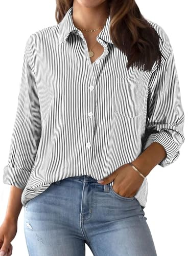 Lonya Bluse Damen Sommer Elegant Shirts Langarm Hemdbluse V-Ausschnitt Gestreifte Blusen Tunika Hemd Oberteile Tops Schwarz,L