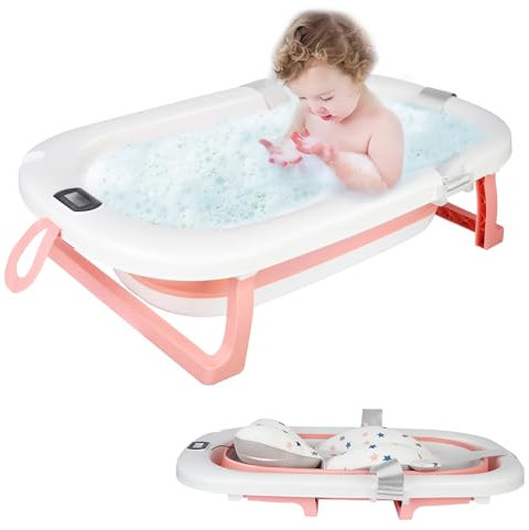 1st Bañera plegable para bebé, bañera plegable, cojín plegable, bañera para niños, apta para recién nacidos, plegado para ahorrar espacio, alfombra antideslizante (80 x 50 x 23 cm), color rosa