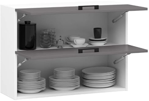 BDW - Küchenschrank Hängend - Oberschrank Küche - Weiß/Grau - 80x30x58cm, mit 2 x Klapptür und Griff - Küchenschränke Einzeln, Wandschrank, Küchenhängeschrank - OLIWIA G2 1 STK