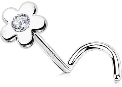 OUFER 20G Fleur Piercing Nez en Argent 925 En Forme de S Piercing Nez Anneau Transparent CZ Boucle Nez Argent Bijoux Corporel 7mm