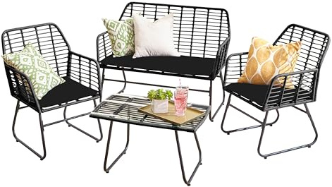 Neo Muebles de jardín para patio, mimbre, estilo de bambú, silla de bastón, mesa para exteriores e interiores, balcón, invernadero, ratán, juego de 4 piezas (negro)
