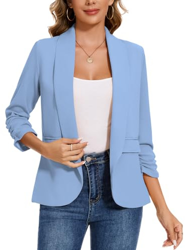 LADI TREND Women's Long Sleeve Blazer Open Front Jacket Suit Plain Work Office Tops Coat Outerwear (Light Blue M)