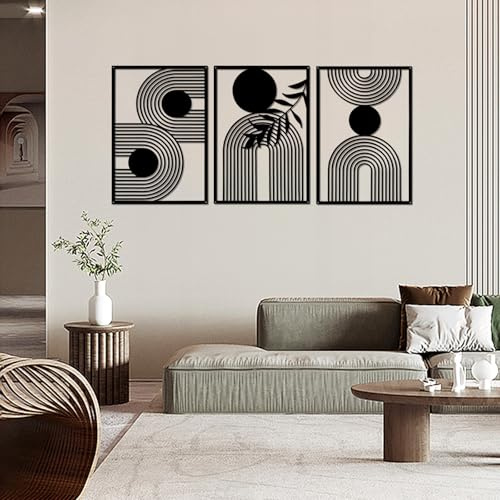 YIYA 3 pezzi Decorazione della parete di metallo Decorazione di muro geometrici in metallo Decoro murale minimalista in nero per la camera da letto del soggiorno domestico