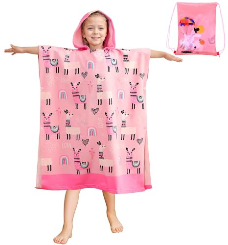 FILOWA Serviette de Bain Filles Enfant Microfibre Poncho de Bain à Capuche Plage Natation Cape de Bain 75*180cm Grande Serviette Poncho Rose Alpaga Serviette de Plage Absorbante Peignoir pour 6-15 ans