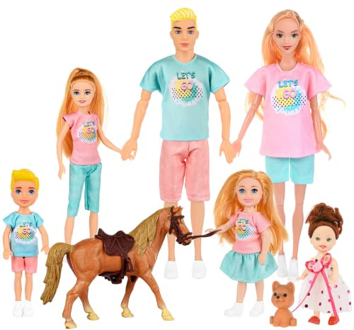 Family Dolls Set of 7 People Include Pregnant Mom Dad 4 Kids, a Small Baby in Mommy's Tummy,a Puppy Dog and a Little Horse, Doll Playsets and Accessories for 3-12 Years Old Toddlers Gift