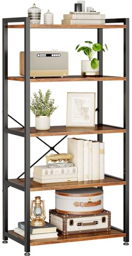 Coleshome 5-Tier Book Shelf Display Rustic Brown Industrial Bookcase | Shelving 51cm Anti-Tip Compact Space-Saving Display Books Plants Decor Living Room Bedroom Office