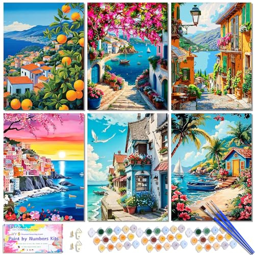 6 Pack DIY Paint by Number Kit for Adults - Mediterranean Coastal Scenery Oil Painting Set, 12x16 Inch Canvas (No Frame), 18 Vivid Acrylic Paints - Stress Relief Art Craft for Home Decor & Gifts