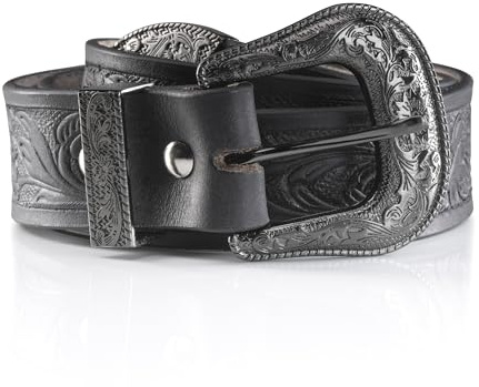 Angus Stoke Cintura western in pelle di bufalo - Cintura da cowboy e western fatta a mano per uomo e donna con fibbia per cintura, cintura in pelle goffrata a mano Jeremy, Nero , Bundweite 90 (46-48)