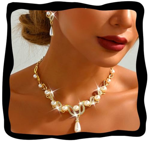 Fashband Set di gioielli da sposa con perle dorate, collana e orecchini con strass, per donne e spose, Misura unica, Perla sintetica, Nessuna pietra preziosa