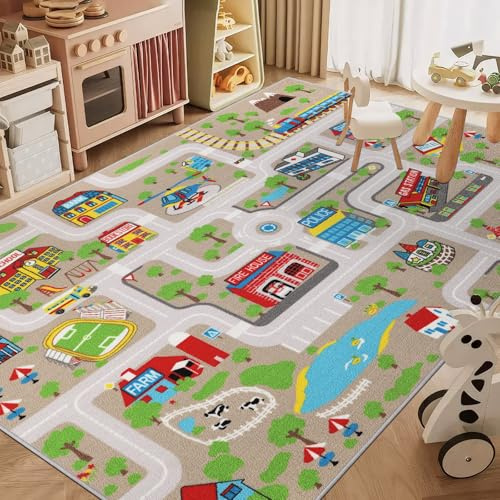 Capslpad Kids Play Mat 150x200cm Non Slip Kids Rug Machine Washable City Road Interactive Area Rug Low Pile Educational Road Nursery Rug for Children's Room Girls Boys Living Room Decor, Sand Yellow