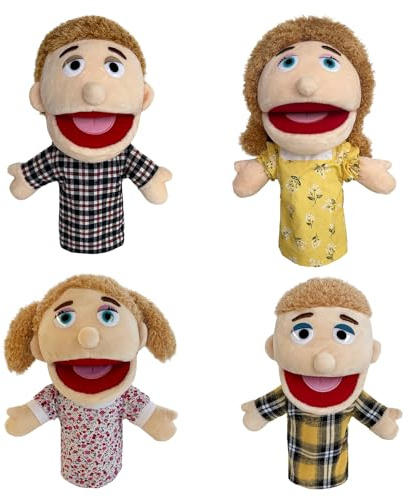 JUSTQUNSEEN 4 pcs Family Hand Puppets dad&mom, Boys&Girls Role-Playing Puppet, Soft Stuffed Movable Mouth Puppets, Storytelling Puppet for Kids,Gift for Girls and Boys Age 4-8 to Role Play (01-Half)