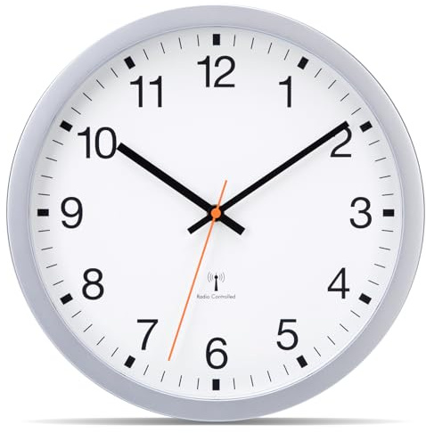 VIVILINEN - Reloj de pared con radio pilotado silencioso sin tic-Tac 30 cm, péndulo de pared, diseño moderno para dormitorio, cocina, sala de estar, cambio automático de hora (plata, 30 cm)