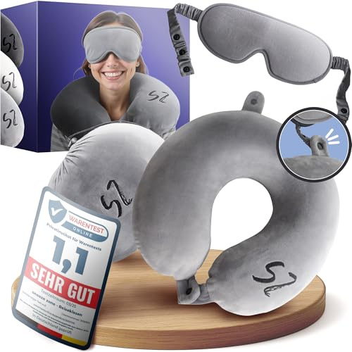Vacanity 2in1 Snooze Zone – Größenverstellbares Memory Foam Nackenkissen Flugzeug, einzigartiges Reisekissen, kompakt verstaubar, praktisches Nackenhörnchen für Reisen – Grau