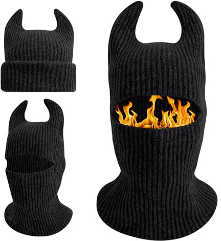 TAGVO Passamontagna Lavorato a Maglia Termico Invernale, Multifunzionale Maschera da Sci da Moto da Bicicletta con Scaldacollo, Cappello con Corna del Diavolo Berretto per Halloween Cosplay