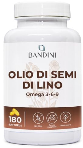 Bandini® Olio di Semi di Lino 180 Softgel Vegane - Fonte di Omega 3 6 9 da Semi di Lino Macinati Finemente - 1 al Giorno (Scorta per 6 Mesi) – Da Pianta Linum Usitatissimum