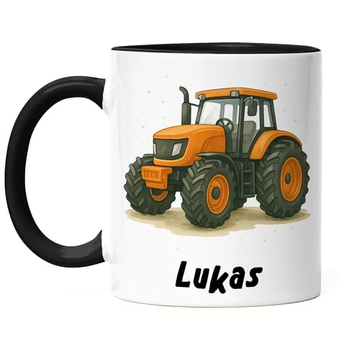 Kiddle-Design Kindertasse Trecker mit Namen, Namenstasse Traktor Kinder Jungen Kindergarten, Kinderbecher mit Namen Geschenkidee Geburtstag Einschulung Jungs, Tasse Weiß
