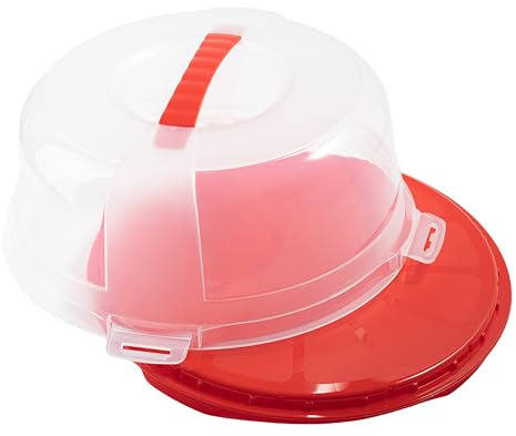 Buzztrove Cake Carrier with Handle – 30cm Tall Cake Storage Container with Red Base & Semi-Transparent Dome – Airtight Cake Storage Box with 4x Locking Lid for Cakes, Cupcakes, Pies & Pastries.