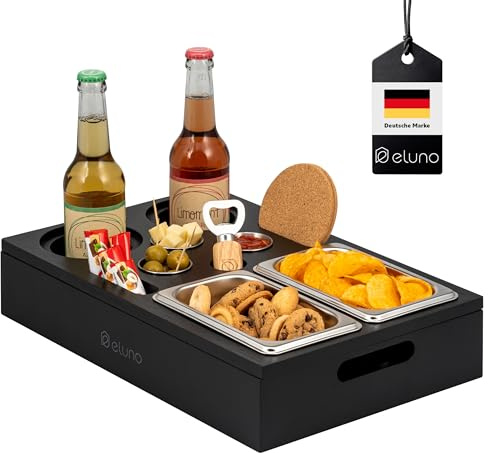 eluno Bar avec couvercle magnétique amovible, plateau de service, avec 2 bols à collation, 3 coupelles à sauce, 2 porte-gobelets avec dessous en liège, 1 décapsuleur en bambou (noir)