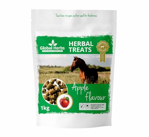 Global Herbs Apple Treats for Horses Natural Low-Calorie Treats 1kg | Healthy, natural treat for horses and ponies, Apple flavour for extra palatability, No artificial flavours or colours
