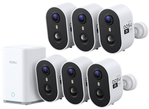 aosu 2K Security Cameras Wireless Outdoor Indoor, PIR & AI Detection | No Subscription Required, 6-Cam Kit with aosuBase 2.0 32GB, Expandable Storage, Color Night Vision, Person/Vehicle Detection